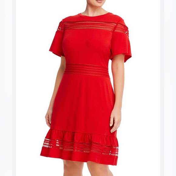 Michael Kors Bright Red Open Weave Mesh Insert Dress w/Ruffled Hem - Sz M - Picture 15 of 16